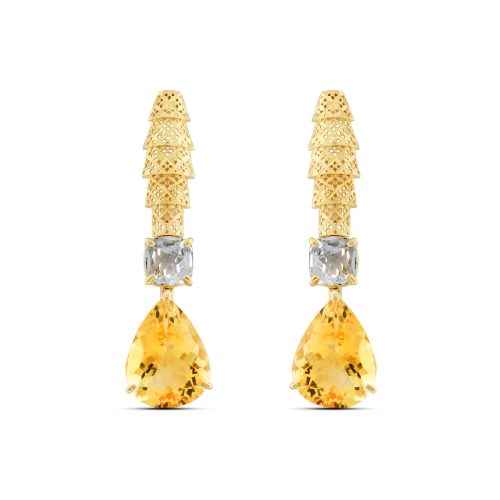 Yellow Gold Palm Earrings with White Topaz & Citrine