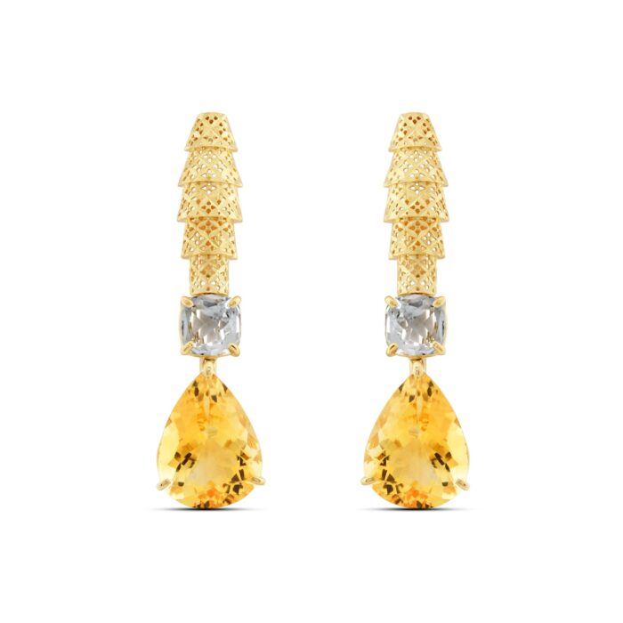 Yellow Gold Palm Earrings with White Topaz & Citrine