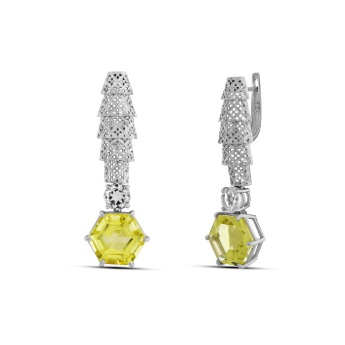 White Gold Palm Earrings with Lemon Quartz & White Topaz
