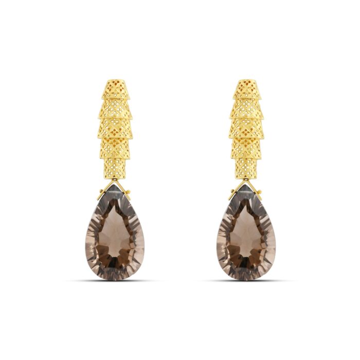 Yellow Gold Palm Earrings with Smokey Topaz