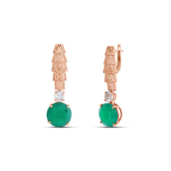 Rose Gold Palm Earrings with White Topaz & Green Onyx