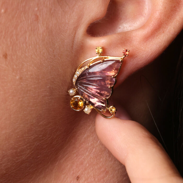 Large Butterfly Earrings with Tourmaline and Mixed Sapphires and Flourite
