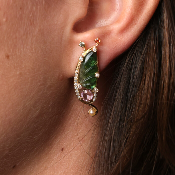 Medium Butterfly Earrings with Tourmaline Sapphires Diamonds and Pearls Green Tourmaline Wings