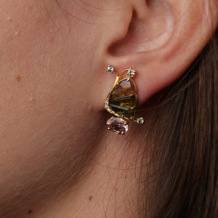 Medium Butterfly Earrings with Tourmaline Sapphires Diamonds Tourmaline Brown Wing