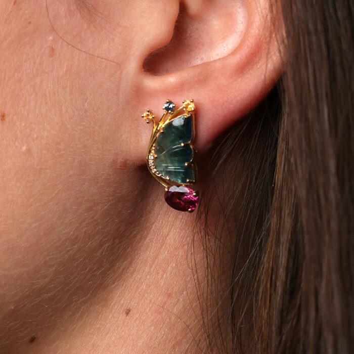 Medium Butterfly Earrings with Tourmaline Sapphires Diamonds Blue Wing
