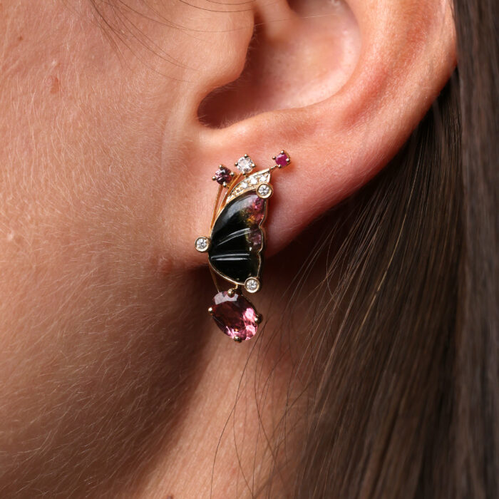 Medium Butterfly Earrings with Tourmaline Sapphires and Black and Pink Tourmalines wing