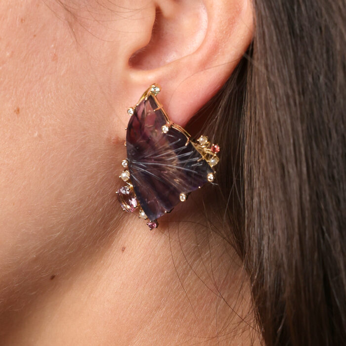 Medium Butterfly Earrings with Pearls Sapphires Diamonds Citrine Maroon Wing