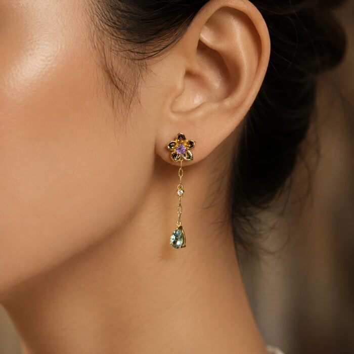 Signature Mini Drop Earrings in Amethyst, Mint Green Tourmaline and Diamond