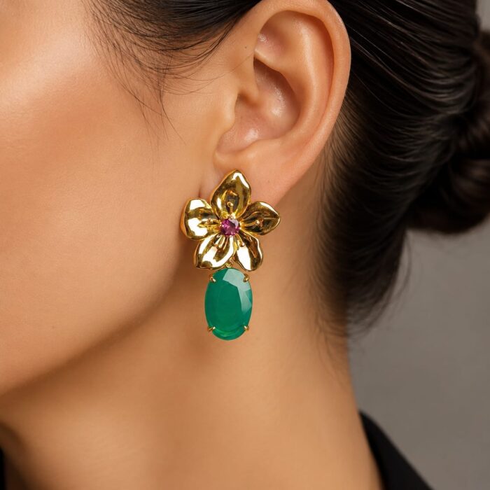 Statement Drop Earrings in Rhodolite and Green Onyx