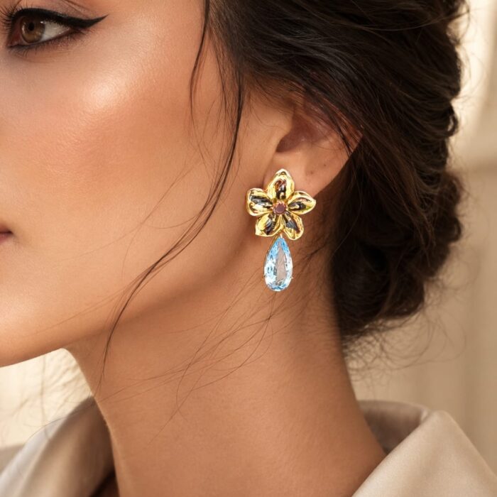 Classic Drop Earrings in Pink Tourmaline and Sky Blue Topaz